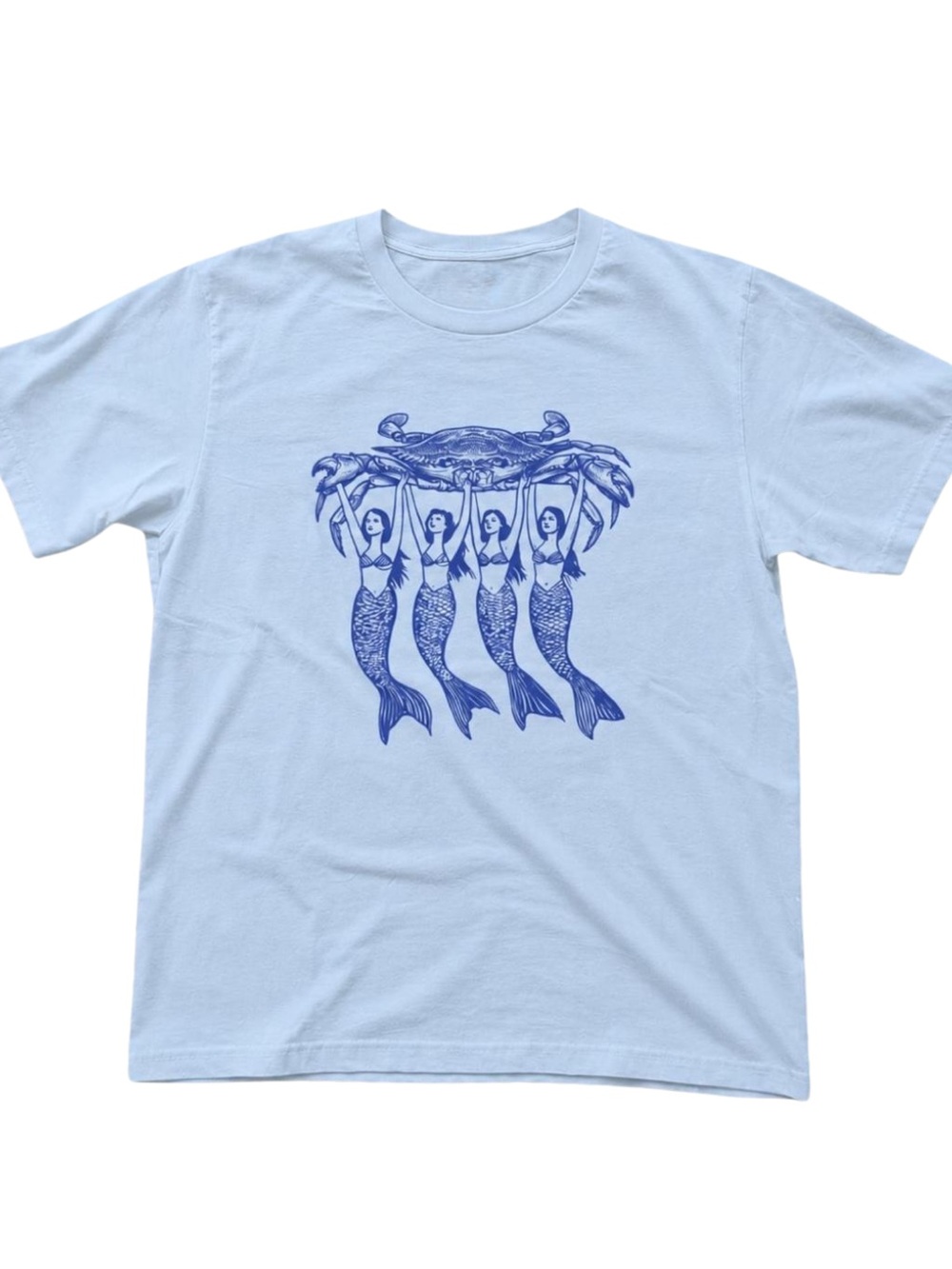 Gildan Light Blue Graphic Tee with Navy Mermaid & Crab Print